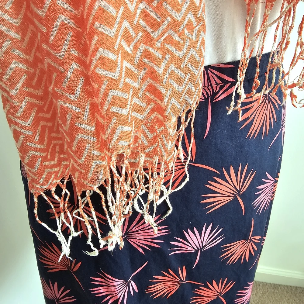 Boho Geometric Scarf Bright Modern Orange White Lightweight Fringe Summer Wrap